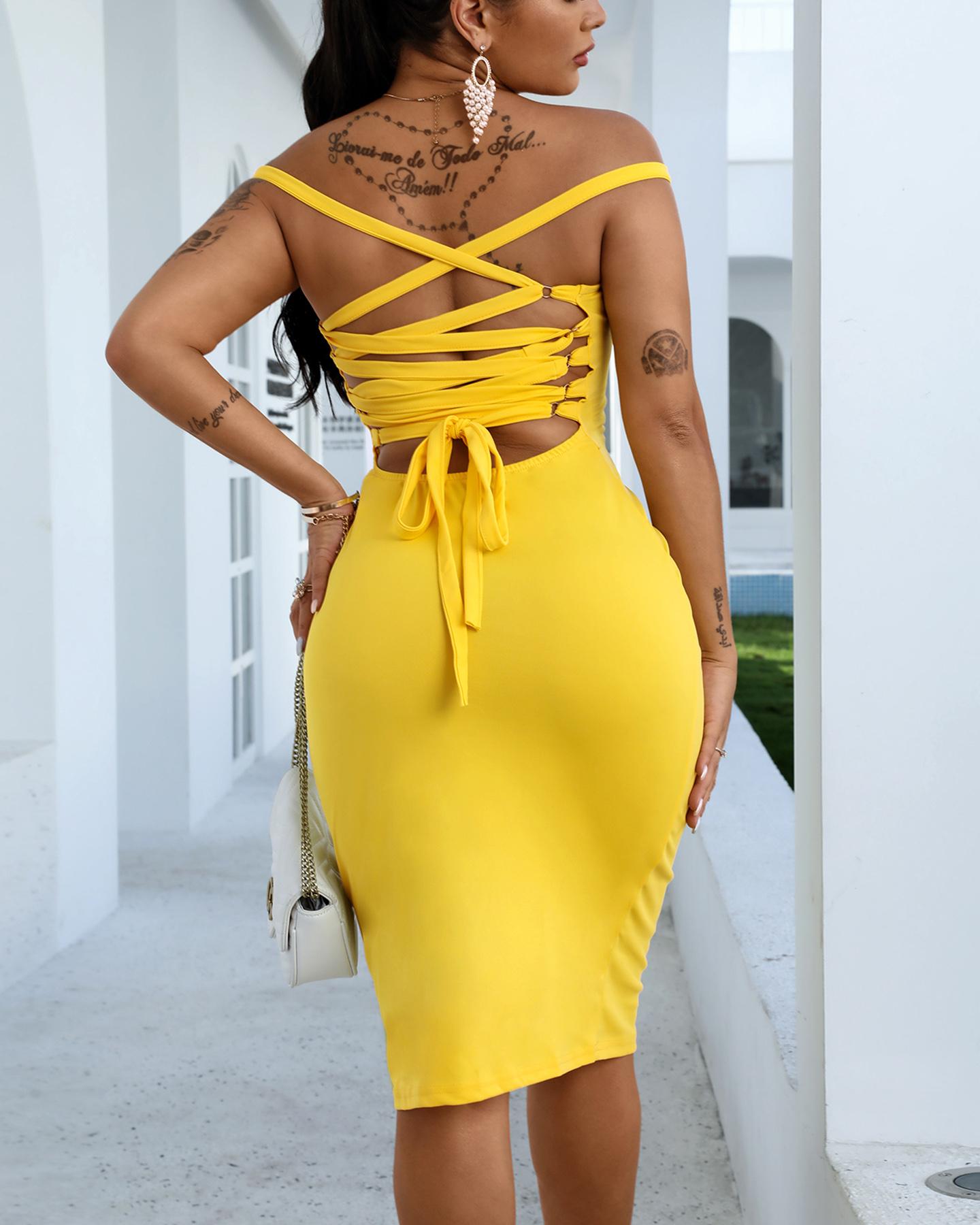 

Sexy Bandage Strappy Back Bodycon Dress, Yellow