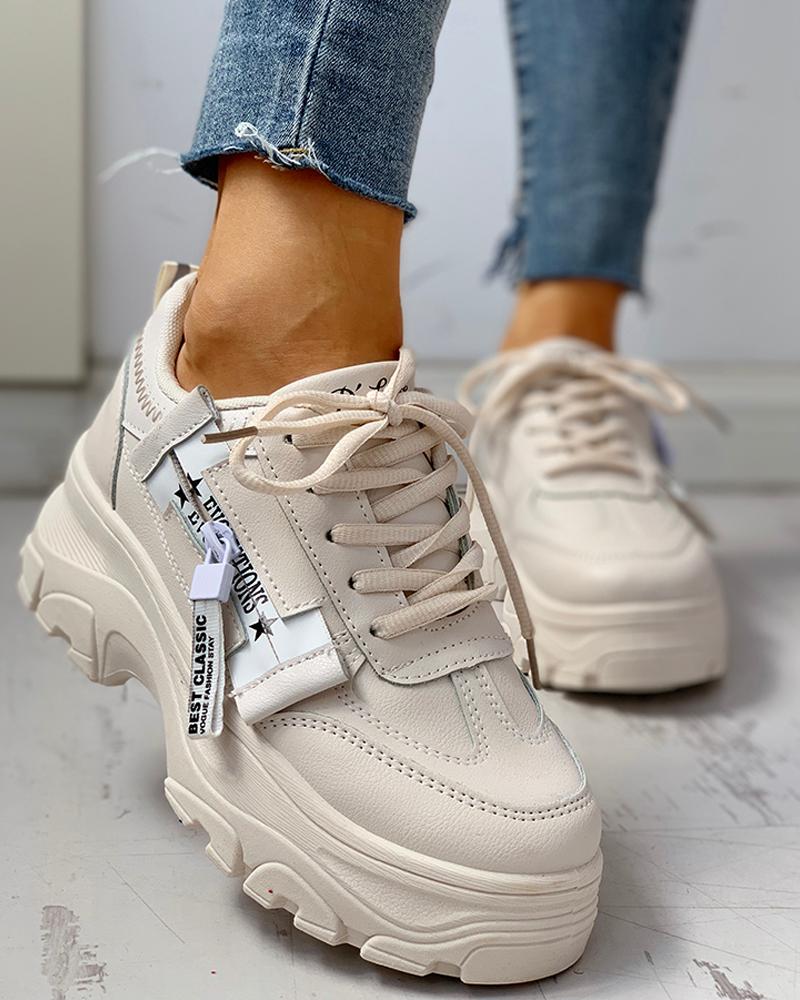 

PU Platform Lace-Up Casual Sneakers, Beige