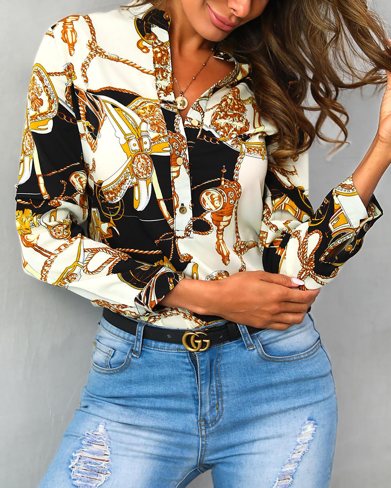 

Scarf Print Button Detail Long Sleeve Blouse, Multicolor