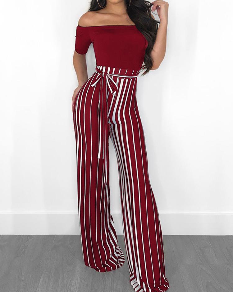 

Off Shoulder Striped Splicing Tied Waist Jumpsuit