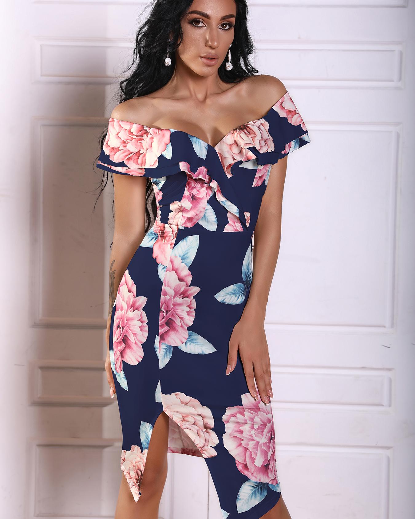 

Floral Ruffle Off Shoulder Split Midi Dress, Blue