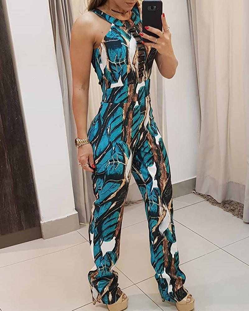 

Halter Neck Sleeveless Print Jumpsuit, Blue