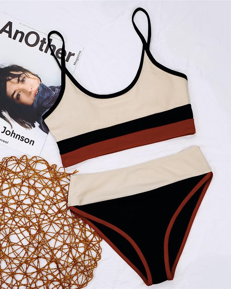 

Colorblock Ribbed Spaghetti Strap Bikini Set, Apricot