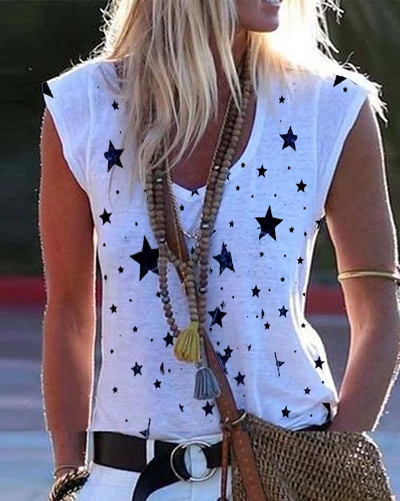 

Star Print Short Sleeve Casual Top, White