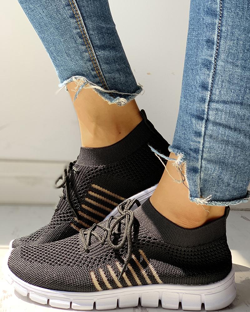 

Knitted Breathable Lace-Up Striped Sneakers, Black