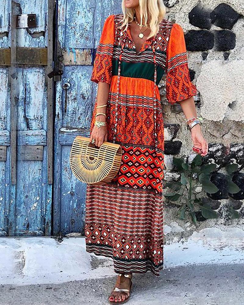 

Boho Print Half Sleeve Casual Maxi Dress, Red