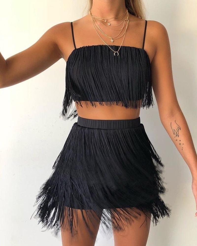 

Tassel Design Top & High Waist Skirt Set, Black
