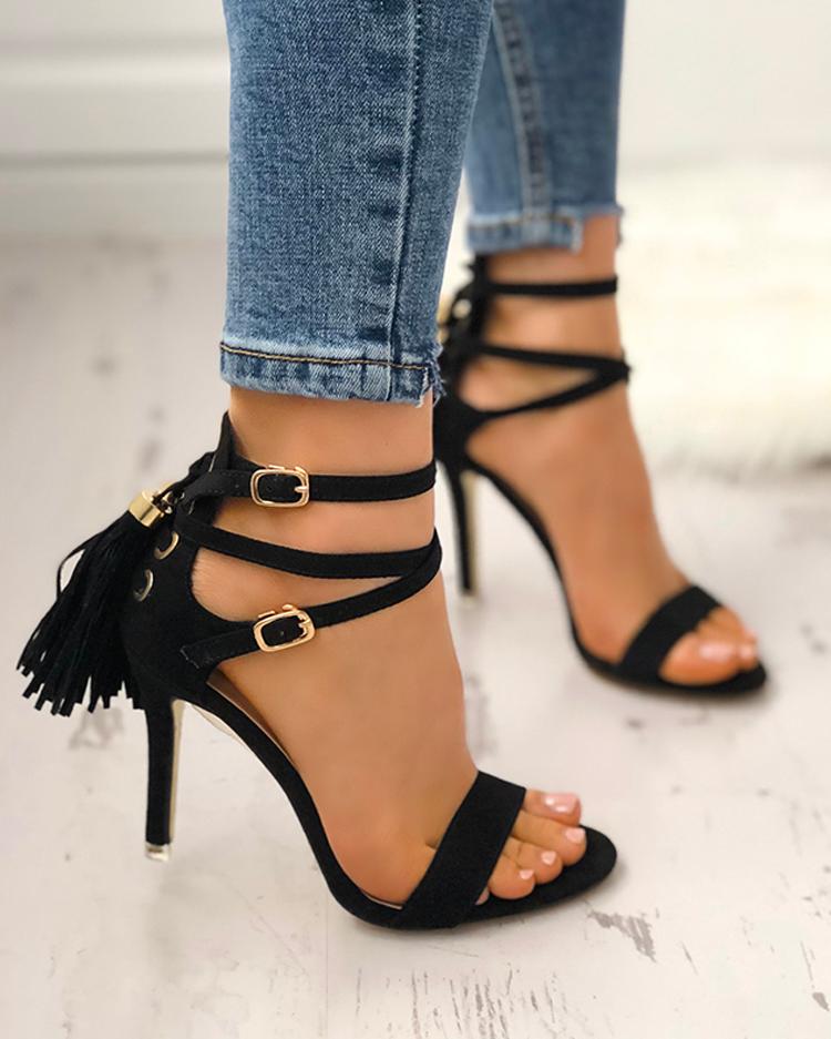 

Peep Toe Crisscross Bandage Tassel Stiletto Sandals, Black