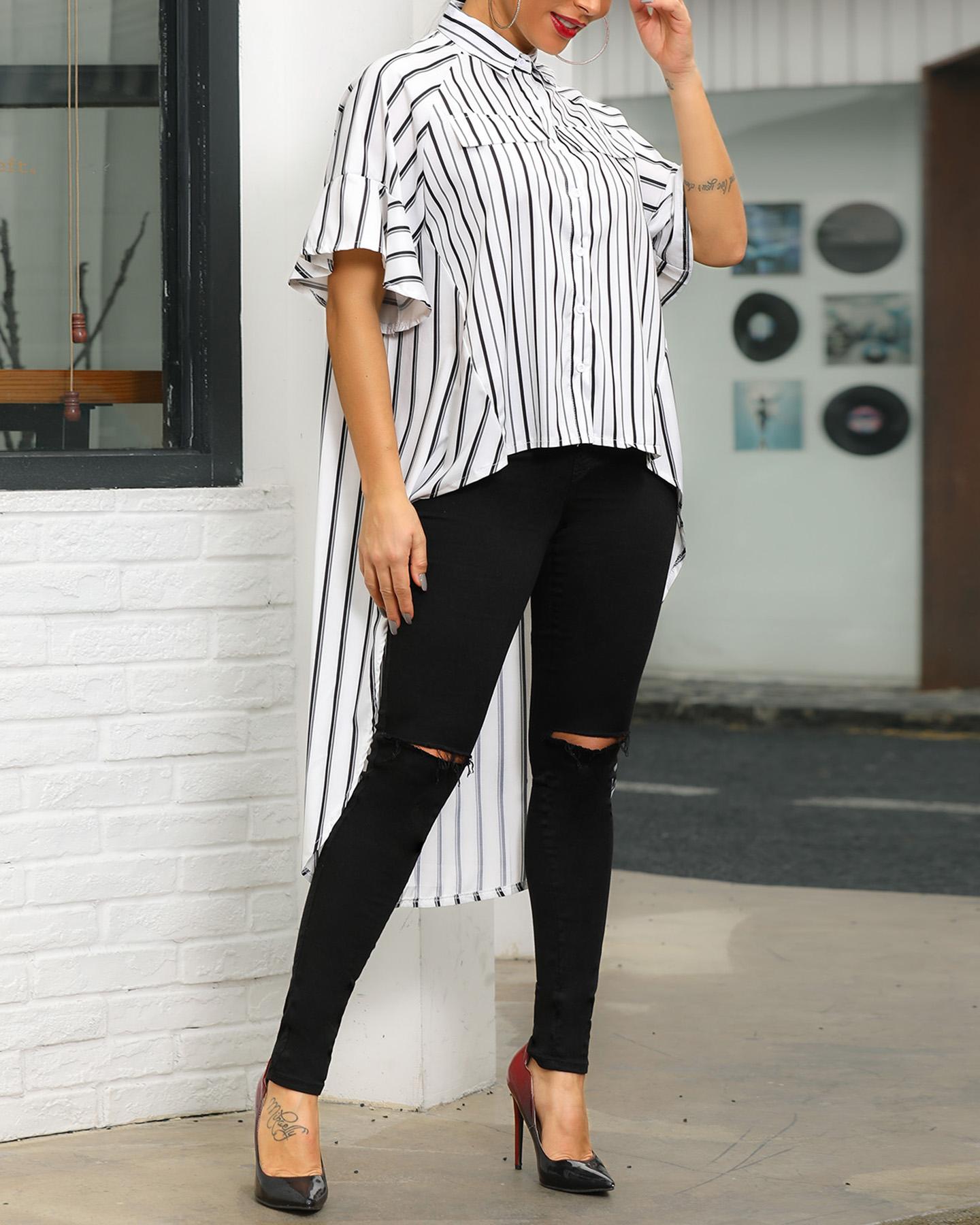 

Stripes Button Up Dip Hem Blouse