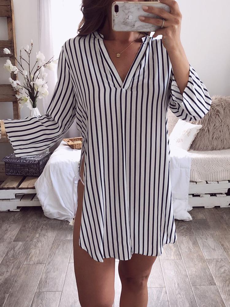 

Stripes Slit Side Irregular Shirt Dress