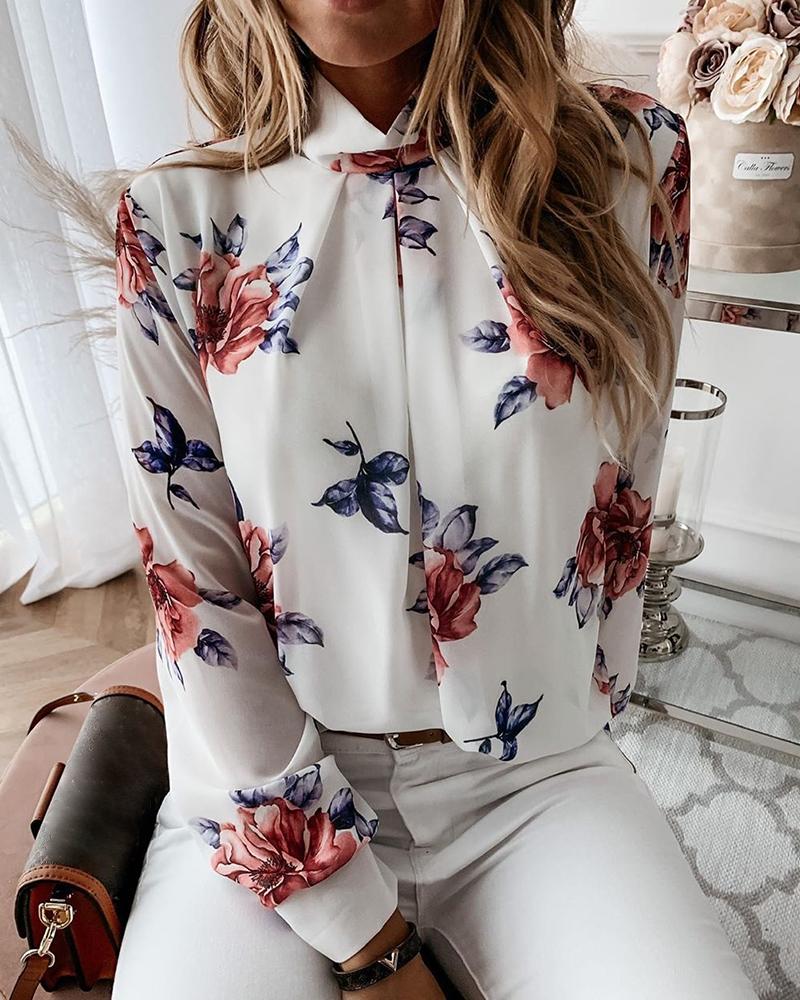 

High Neck Floral Printed Long Sleeve Top, White