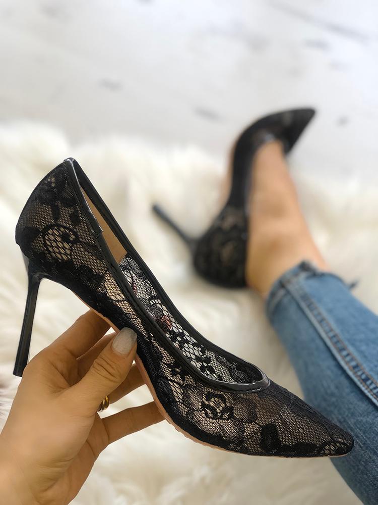 

Women Lace Pointed Toe Stiletto Heels, Black
