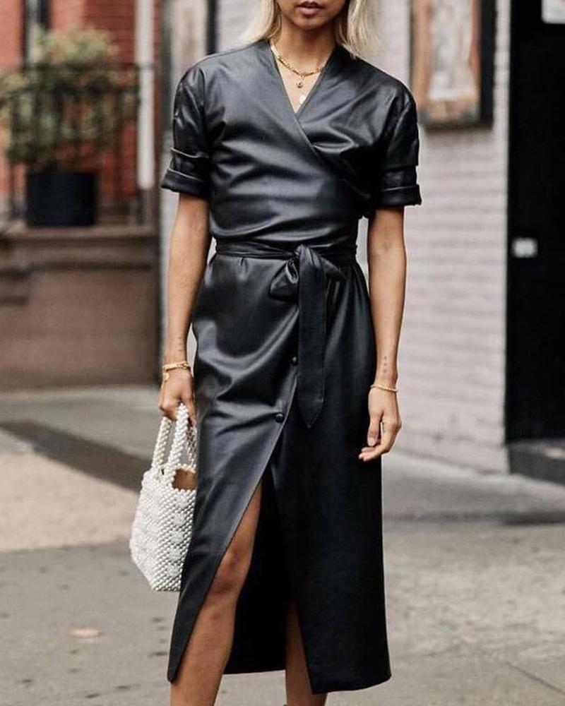 

V Neck Short Sleeve Buttoned Slit PU Dress, Black