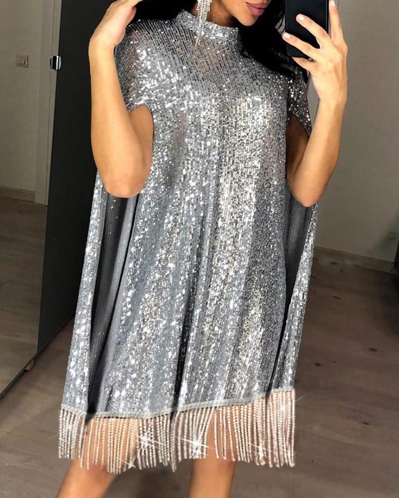 

Sequins Mock Neck Cape Sleeve Tassel Dress, Silver
