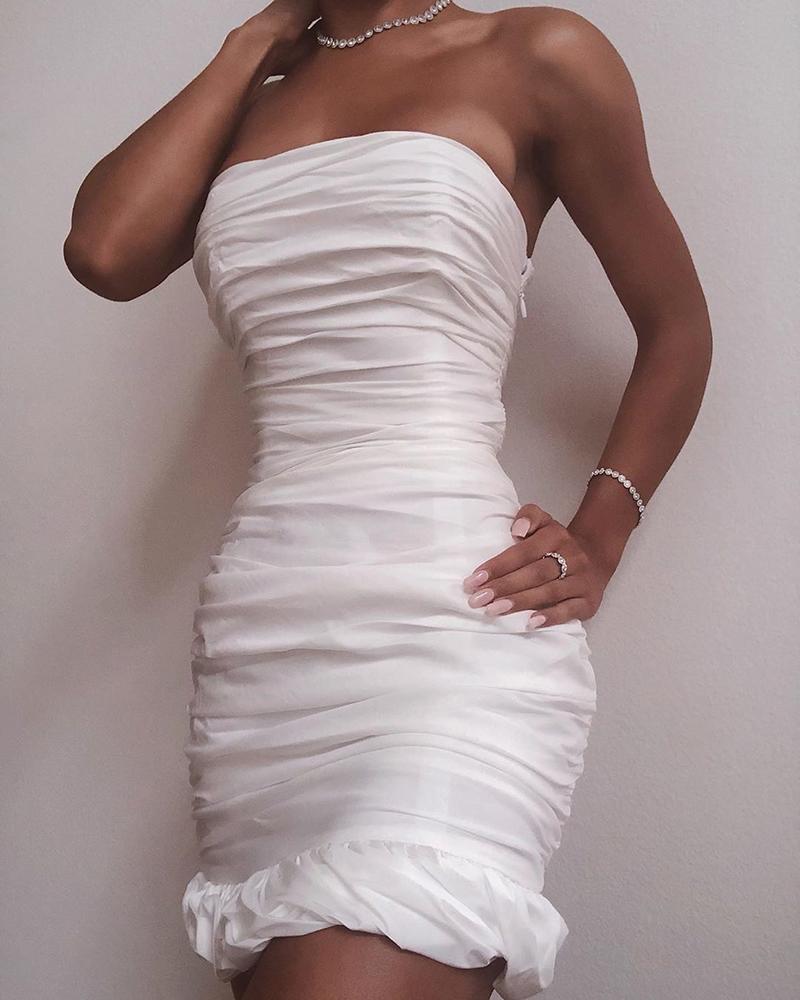 

Solid Tube Zipper Design Ruched Bodycon Dress, White