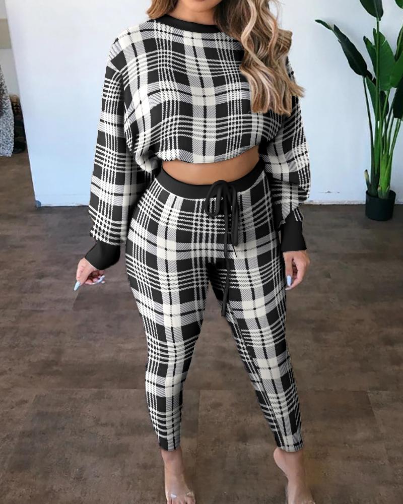 

Plaid Crop Top & Drawstring Pants Set, Black