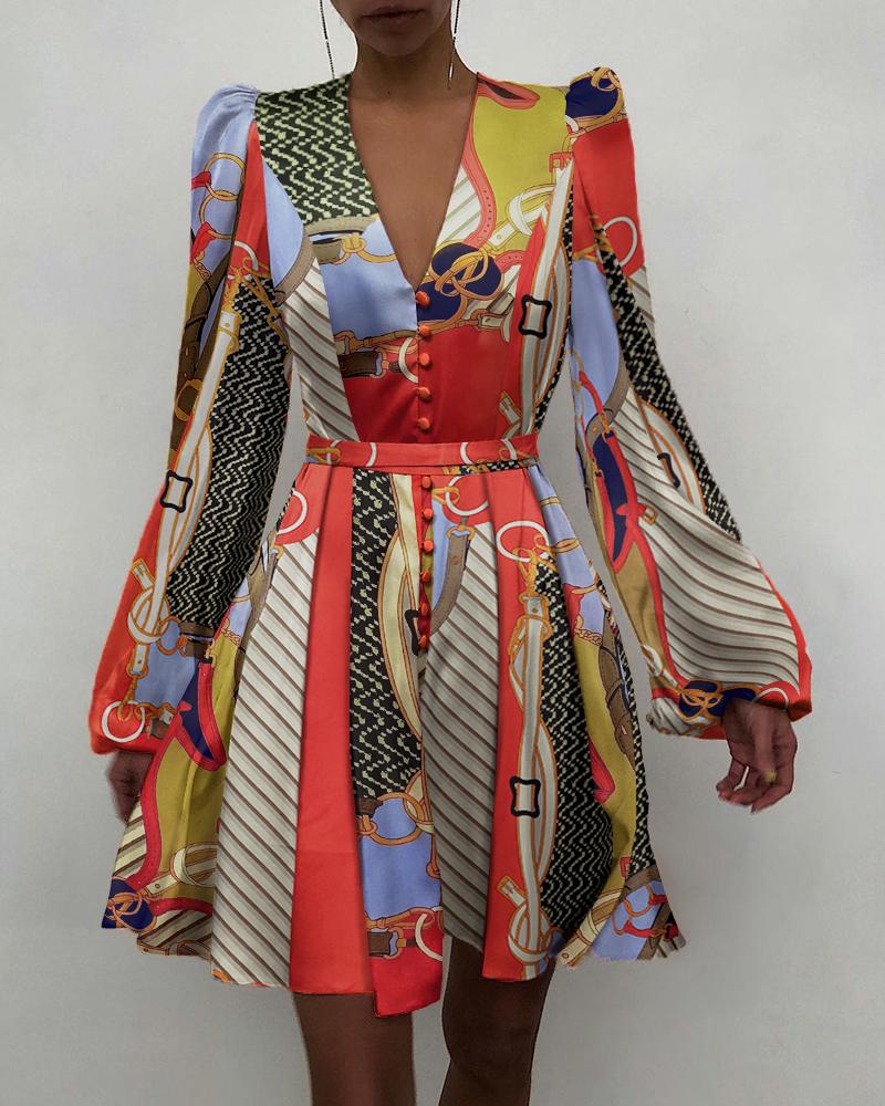 

Scarf Print Puff Sleeve Ruched Button Front Dress, Multicolor