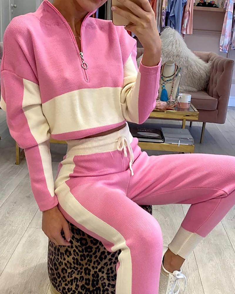 

Zipper Design Colorblock Top & Drawstring Pants Set, Pink