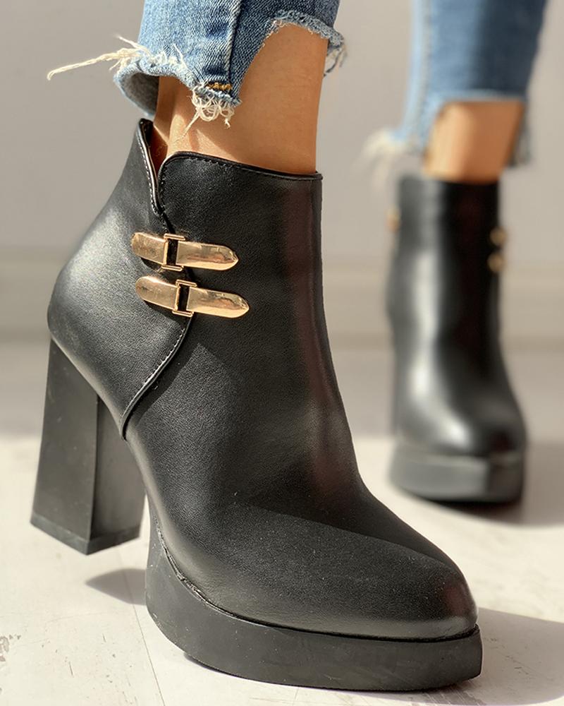 

PU Ankle-Buckled Pointed Toe Chunky Heeled Boots, Black