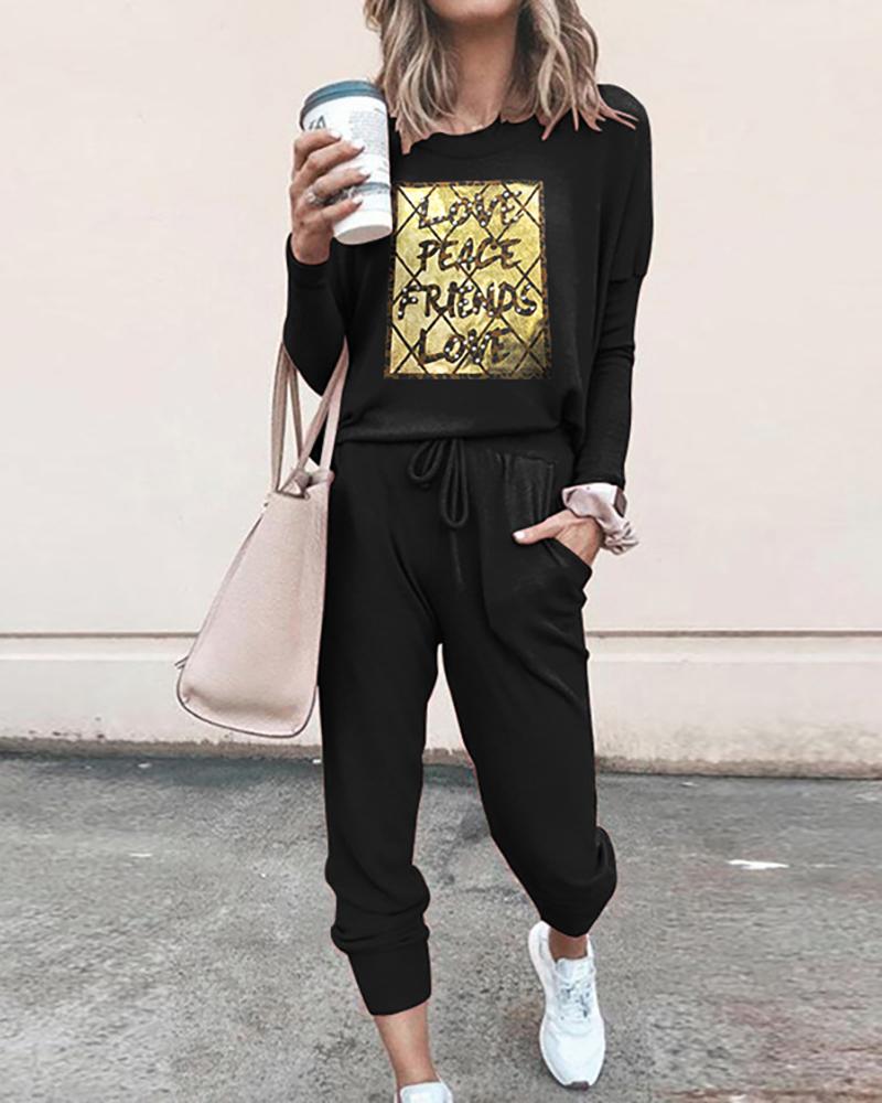 

Letter Print Long Sleeve Top & Drawstring Pants Set, Black
