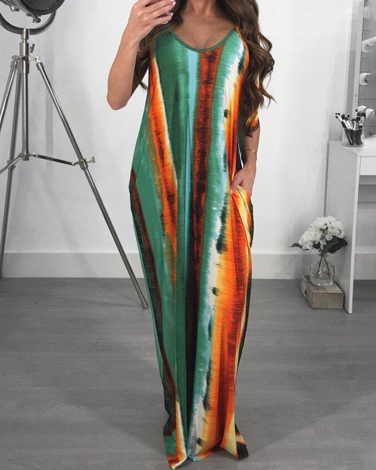 

Spaghetti Strap Tie Dye Striped Maxi Dress, Green