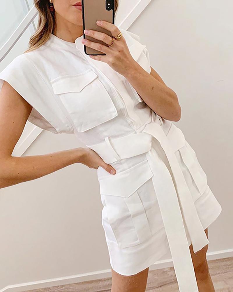 

Short Sleeve Pockets Design Belted Casual Shirt Dress, White