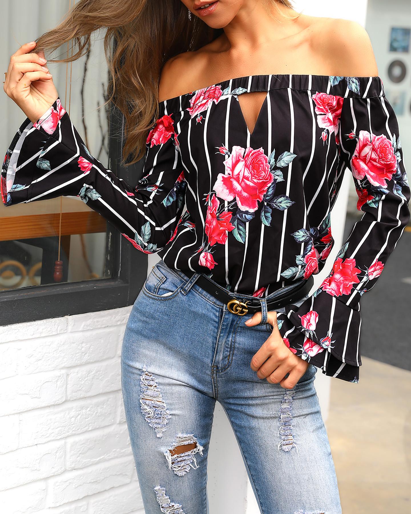 

Off Shoulder Striped Floral Print Blouse