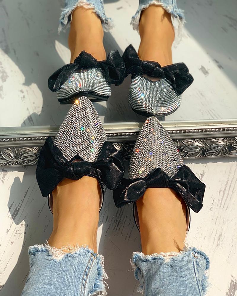 

Bowknot Studded Pointed Toe Flat Shoes, Black