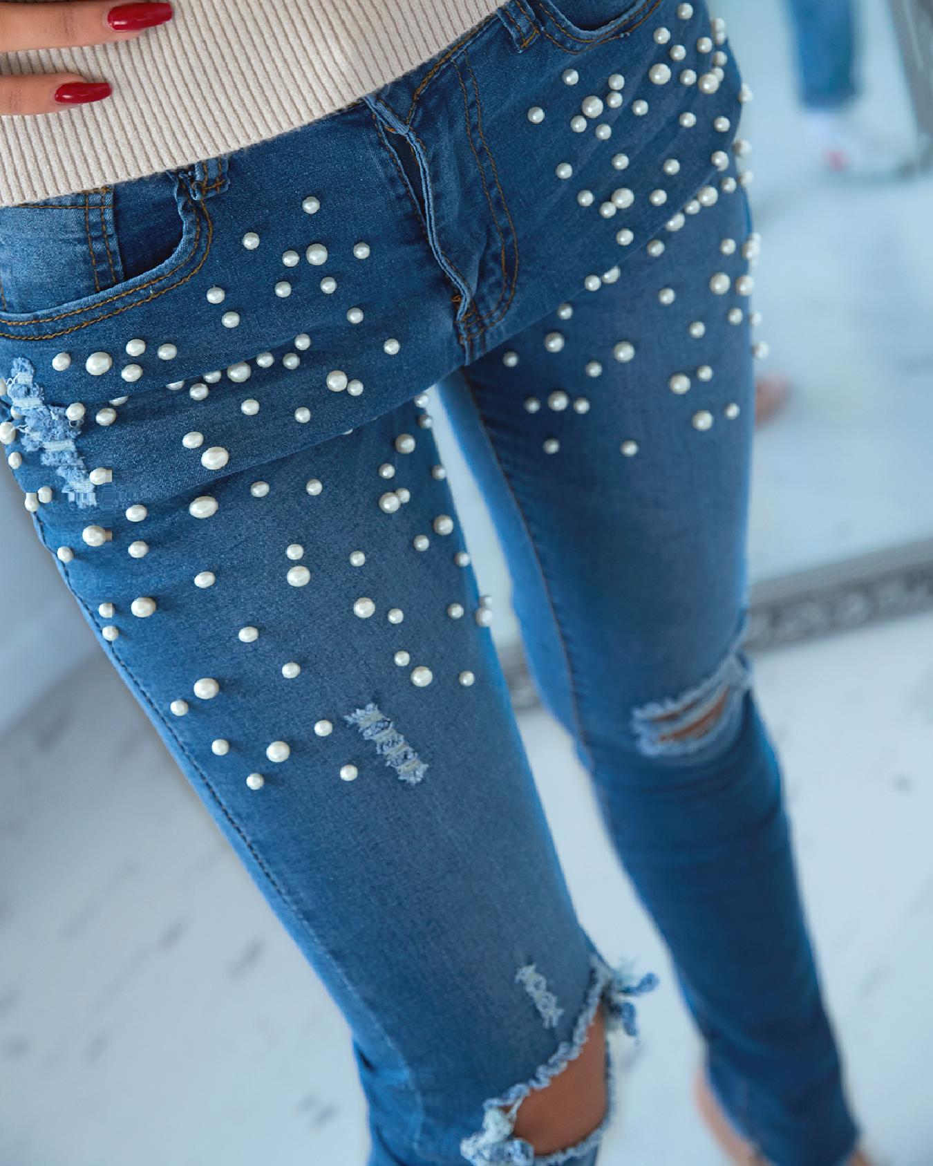 

Metallic Beaded Knee Holes Skinny Jeans, Blue