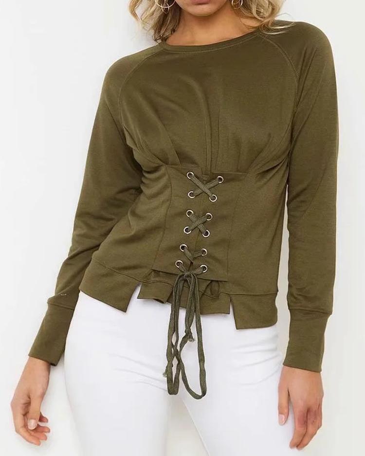 

Solid Lace-Up Front Casual Sweatshirt, Army green
