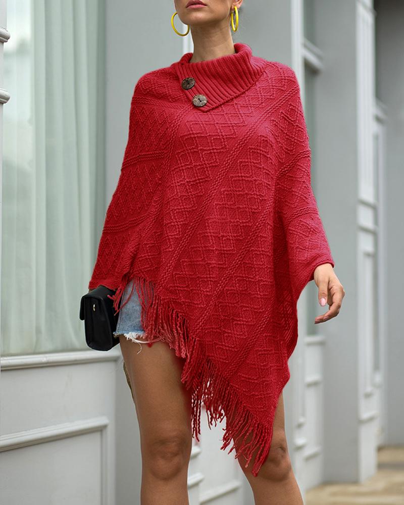 

Plain Buttoned Tassel Design Cape Sweater, Red
