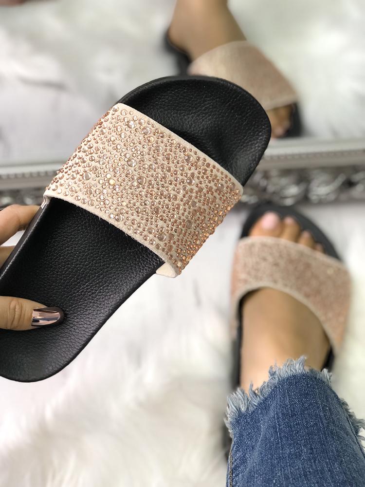 

Hot Drilling Single Strap Flat Sandals, Champagne