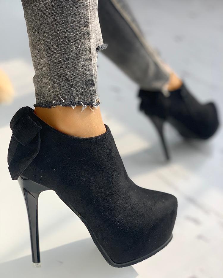 

Suede Platform Bowknot Back Thin Heels, Black