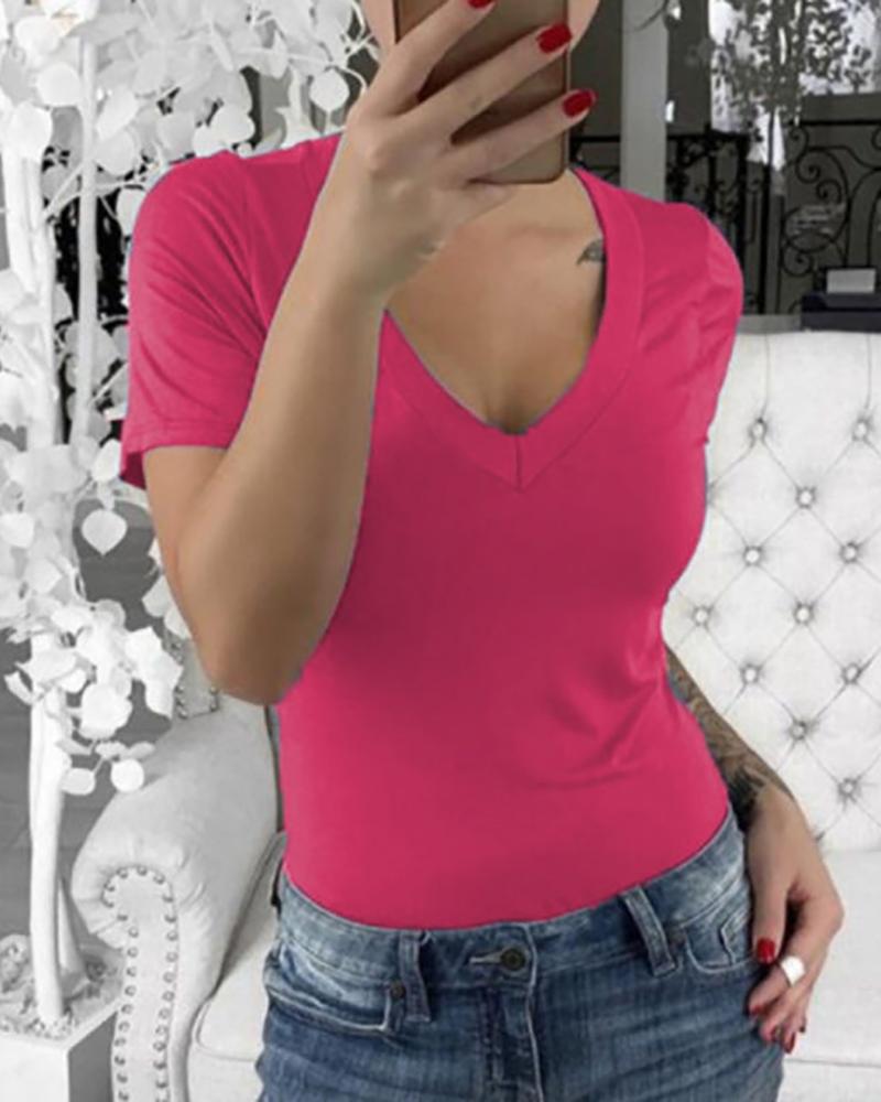 

V-neck Solid Short Sleeve Casual T-shirt, Hot pink