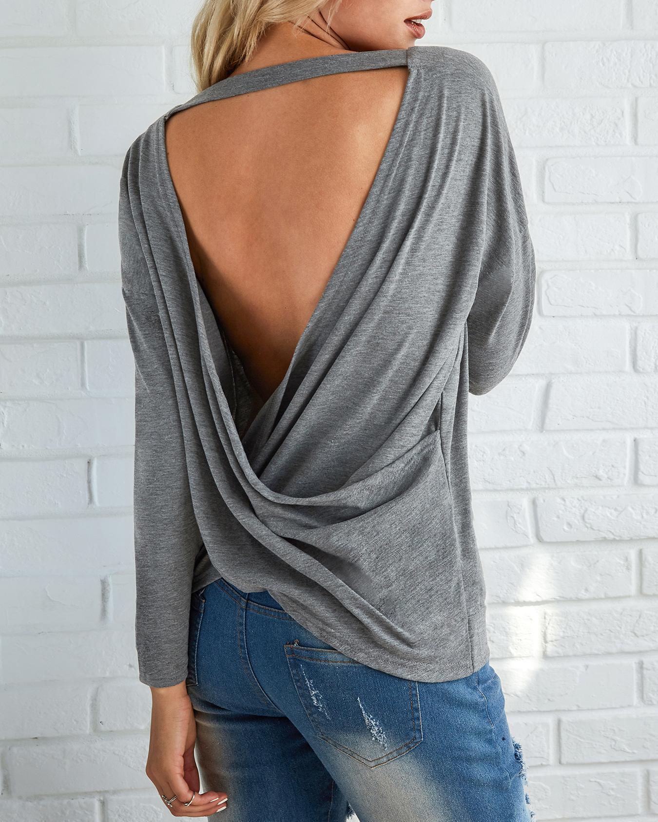 

Fashion Open Back Crisscross Loose T-shirts, Dark blue