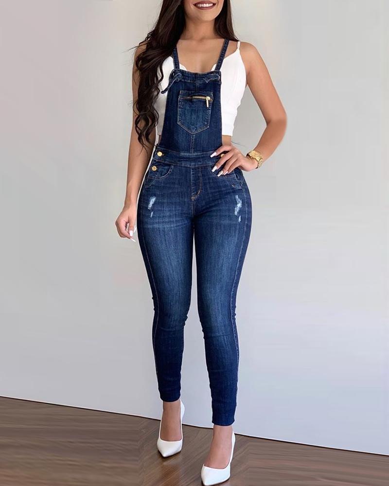 

Denim Zipped Buttoned Suspender Jumpsuit, Blue