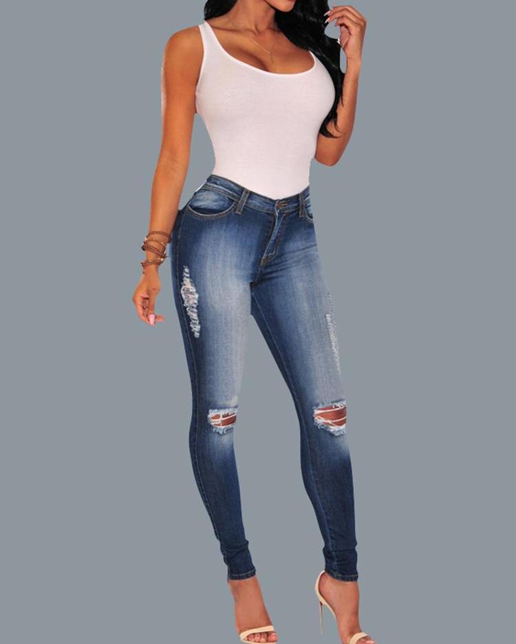 

Oversize Ripped Skinny Pencil Jeans, Dark blue
