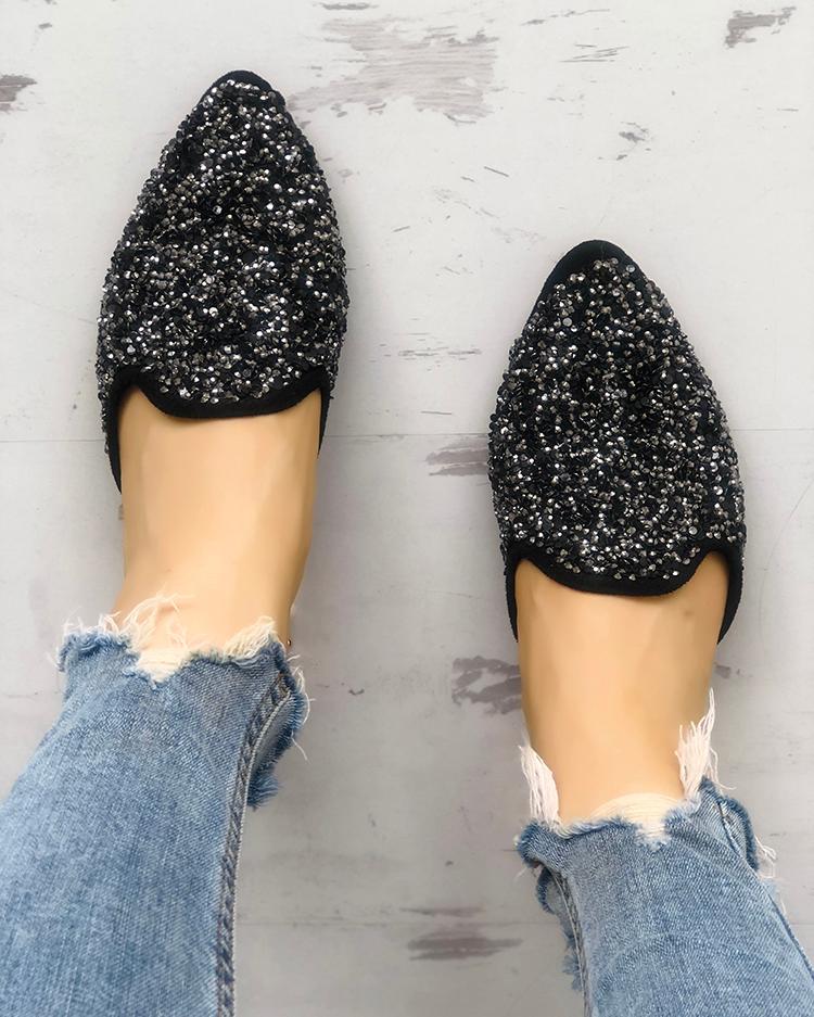 

Sequins Embellished Pointed Toe Chunky Sandals, Black