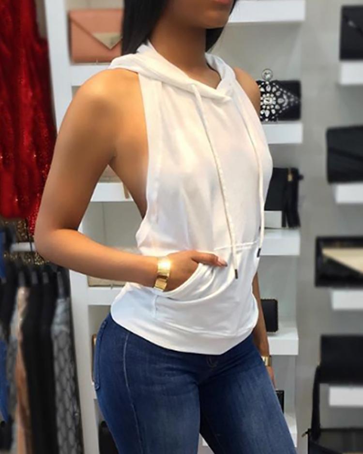 

Stylish Pocket Open Back Drawstring Hoodie Top, Blue