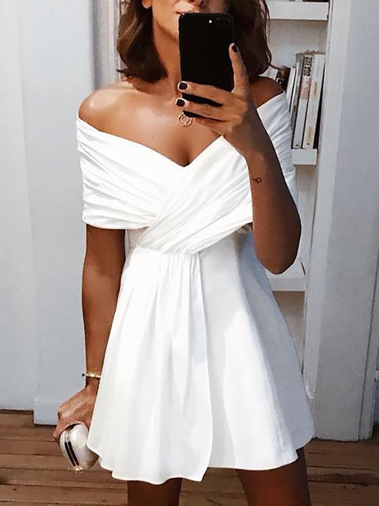 

Solid Cross Over Bardot Mini Dress, White