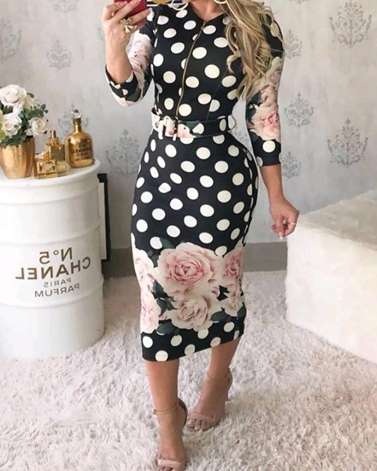 

Floral & Dot Print Zipper Bodycon Dress With Belt