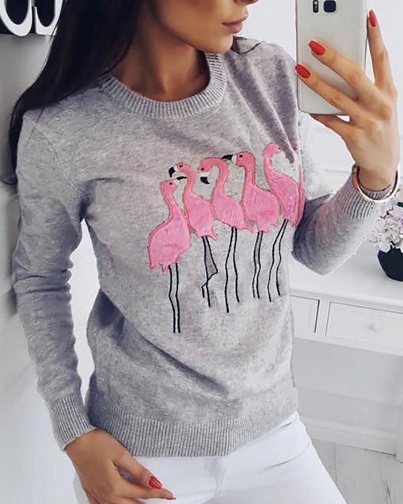 

Flamingo Embroidery Crew Neck Sweatshirt, Gray