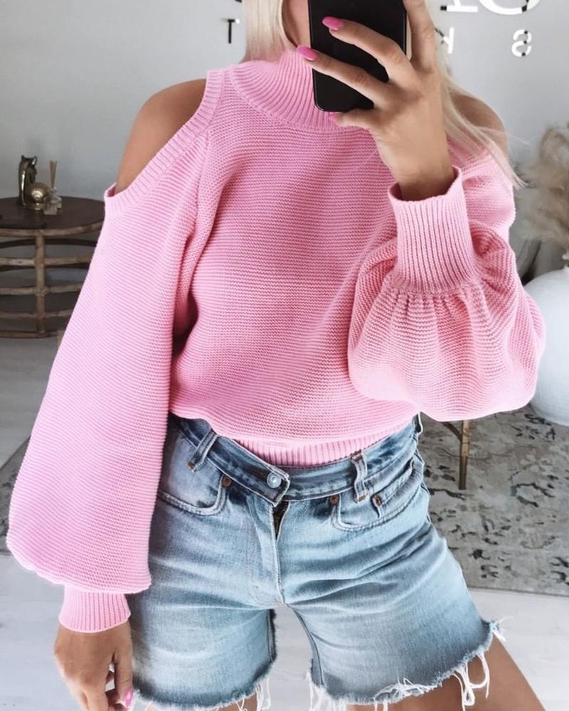 

Solid Cold Shoulder Lantern Sleeve Sweater