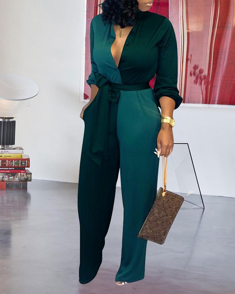 

Colorblock Insert Buttoned Lantern Sleeve Jumpsuit, Green