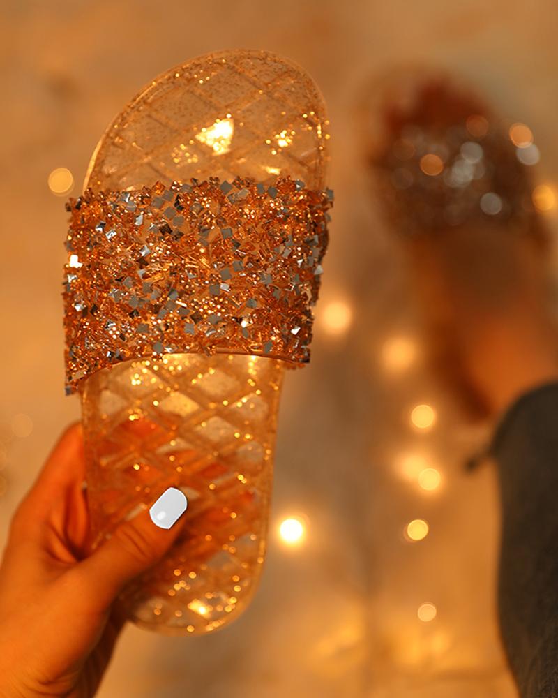 

Open Toe Glitter Studded Flat Sandals, Champagne
