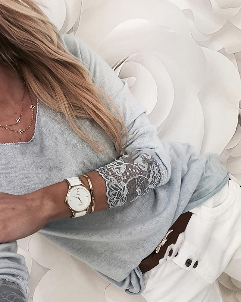 

Lace Insert Long Sleeve Casual shirt, Gray