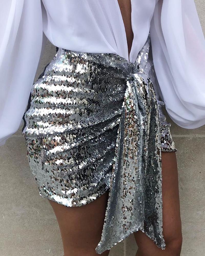 

Sequins Ruched Knotted Slinky Skirt, Silver