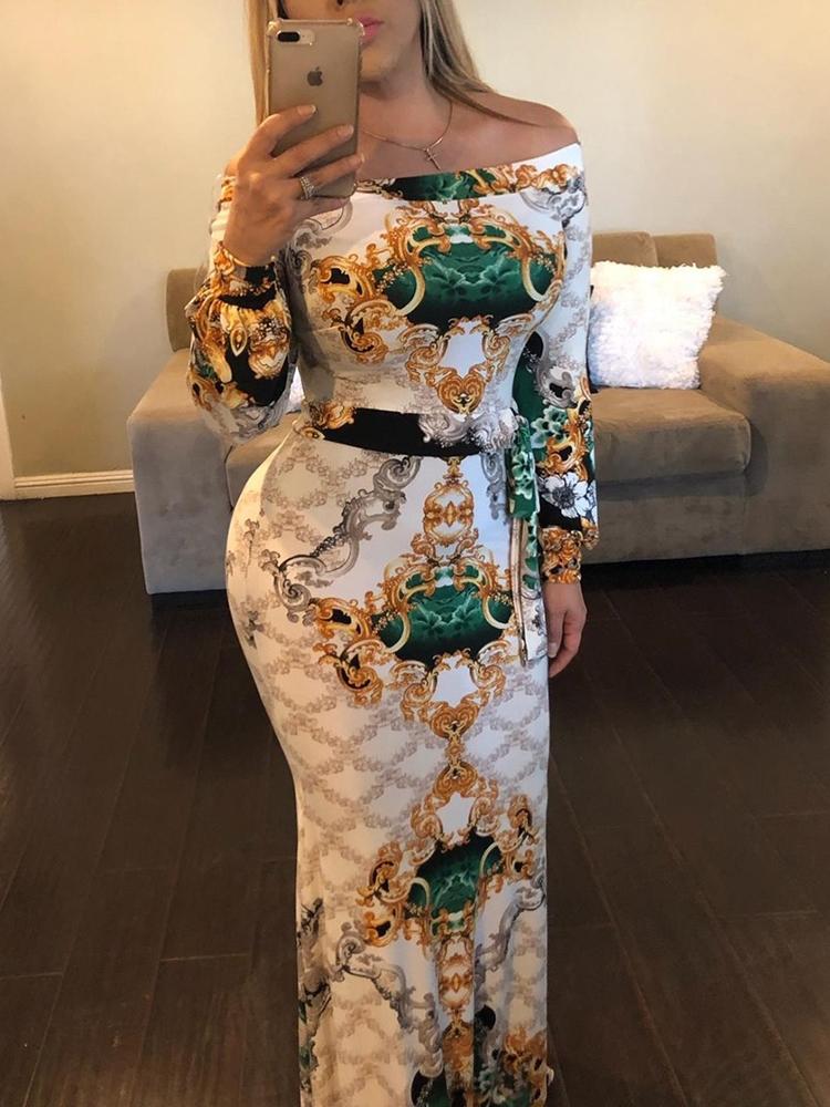

Off Shoulder Retro Print Maxi Dress