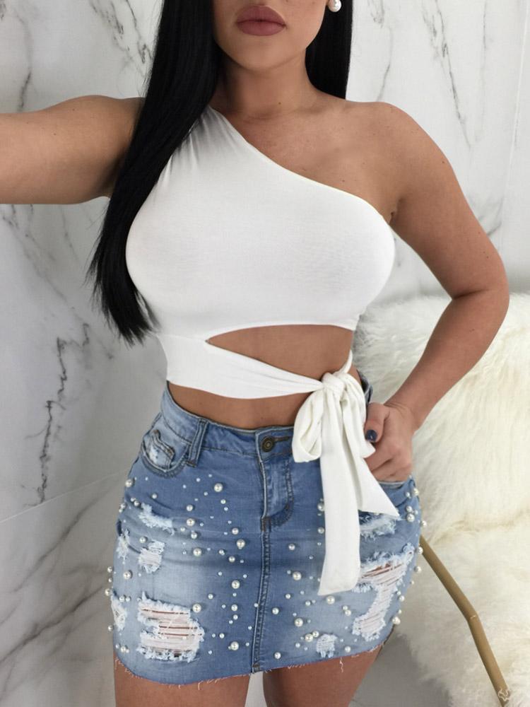 

Solid Color One Shoulder Tie Waist Cropped Top
