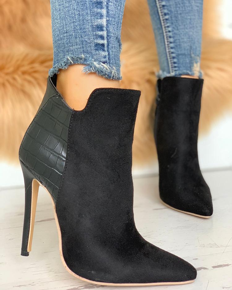 

Snakeskin & Suede Pointed Toe Ankle Boots, Black